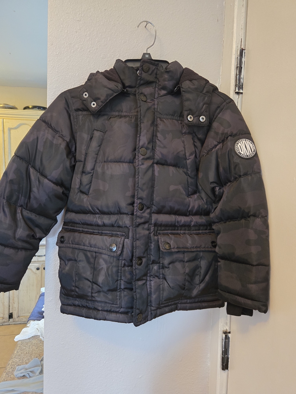 Dkny Boys Black Camo Puffer Jacket with Hood